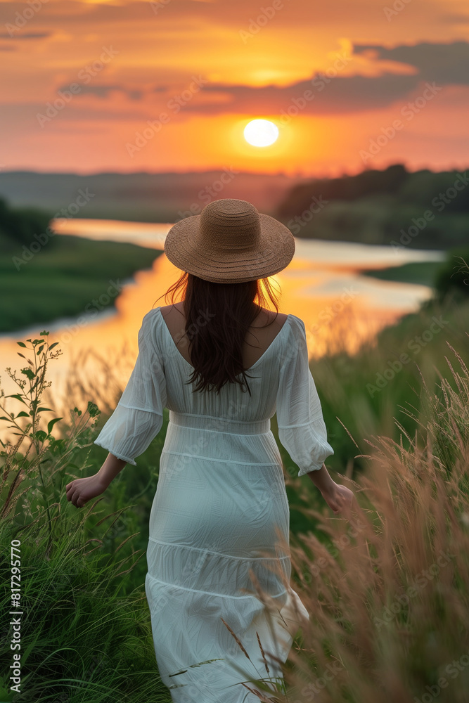Happy unknown woman wear white dress walk in the field by the river