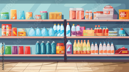 Store supermarket shelves shelfs with household che photo