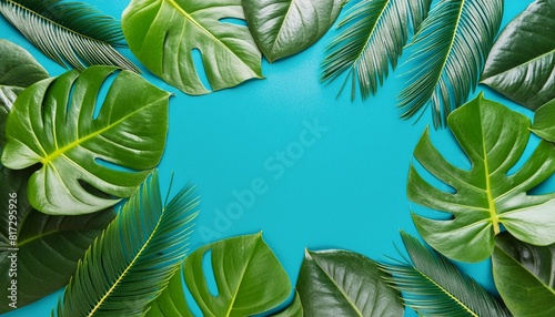 tropical forest background border made of tropical leaves with empty space in center