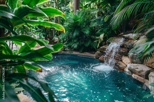 Tropical oasis with a serene waterfall flowing into a tranquil pool surrounded by lush greenery.