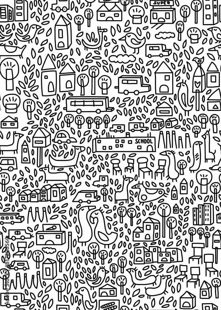 A black and white hand-drawn drawing of an urban landscape of houses and trees.Seamless background. A black and white hand-drawn drawing of an urban landscape of houses and trees.Seamless background.