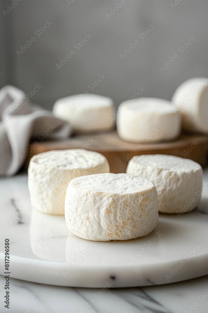 Round Soft Cheeses on Marble Surface Round Soft Cheeses on Marble Surface
