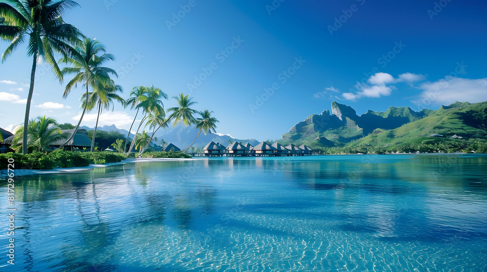 Idyllic tropical paradise scene with palm trees and crystal-clear waters Idyllic tropical paradise scene with palm trees and crystal-clear waters