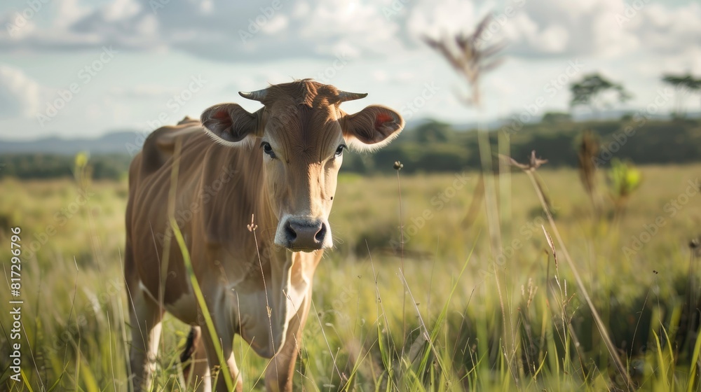 A Gir cow grazes peacefully in a stunning brachiaria pasture amidst the picturesque Brazilian countryside a country renowned as one of the globe s leading producers of beef and dairy produc A Gir cow grazes peacefully in a stunning brachiaria pasture amidst the picturesque Brazilian countryside a country renowned as one of the globe s leading producers of beef and dairy produc