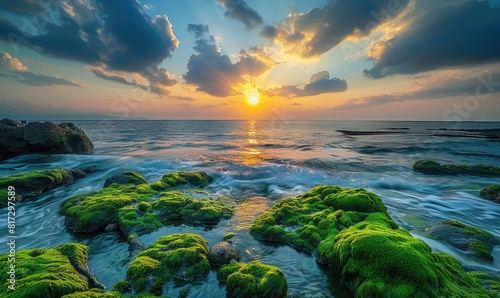 Sunset on the beach with mossy rocks in the sea photo