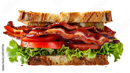  A gourmet BLT sandwich showcasing perfectly crisp bacon, fresh lettuce, and ripe tomato slices, arranged between two slices of toasted bread, transparent background