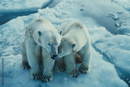 Two polar bears are sitting on top of ice and looking at each other