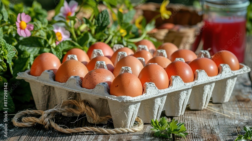   A carton of eggs sits on a table with a vase of flowers and a glass of juice nearby