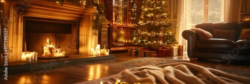 A cozy Christmas-themed living room with a tree and fireplace adorned with festive decorations