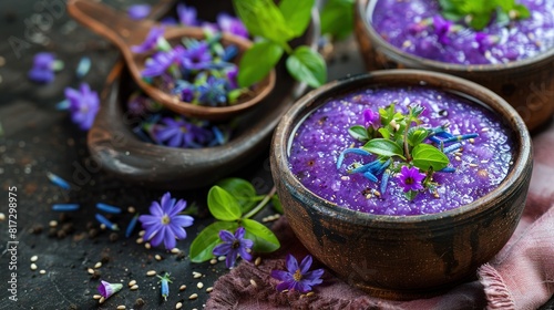   A bowl of food on a table  with purple flowers and green leaves next to it in focus