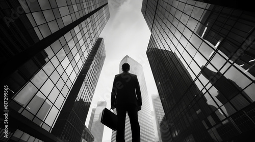 businessman standing between skyscrapers with his business bag. perspective from down below portrait