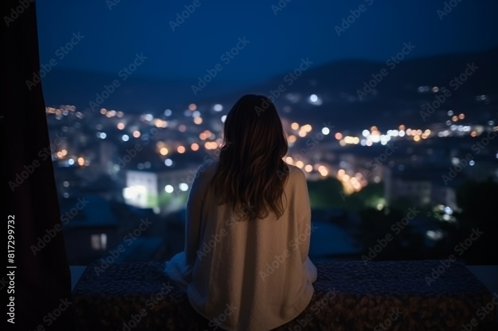 A female tourist is enjoying looking over the city from the rooftop of the hotel at night where she is staying during her travel A female tourist is enjoying looking over the city from the rooftop of the hotel at night where she is staying during her travel