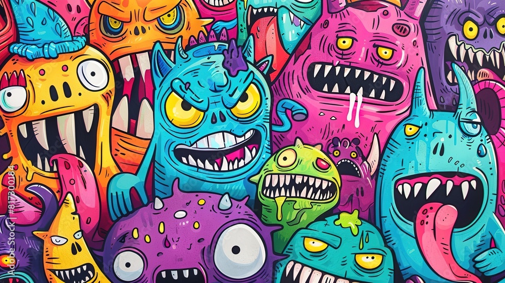 Fototapeta premium Funny characters Colorful doodle cartoon monster