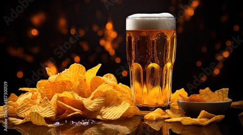 Cold mug of beer with foam and chips. Beer and food concept on dark stone background. Restaurant advertising, menu, banner.