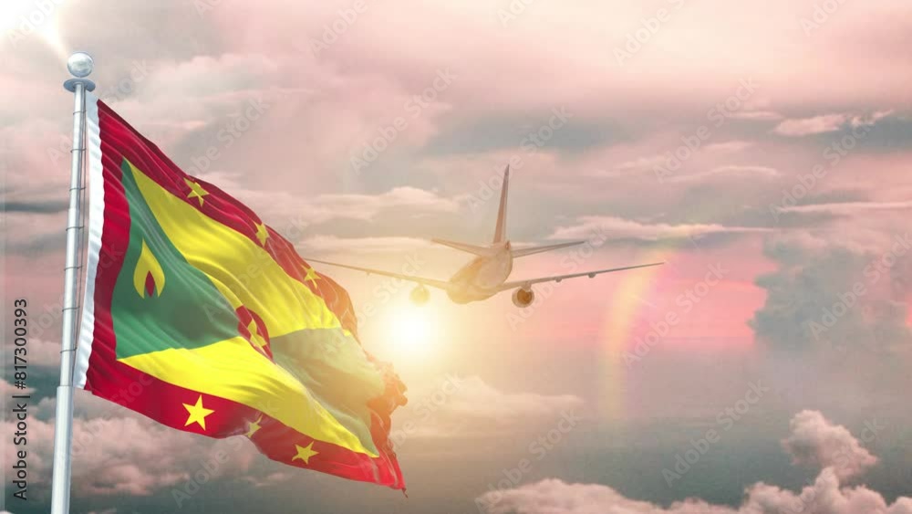 Grenada flag Waving Realistic With Sky Plane Takes Off At Sunrise