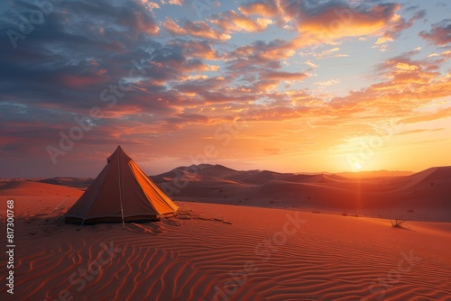 Camping tent in the desert at sunset. Landscape photography for travel and adventure.