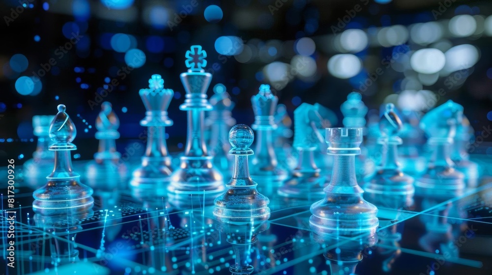 Holographic chess game projected on a glass table, business analytics and strategy, glowing pieces Holographic chess game projected on a glass table, business analytics and strategy, glowing pieces