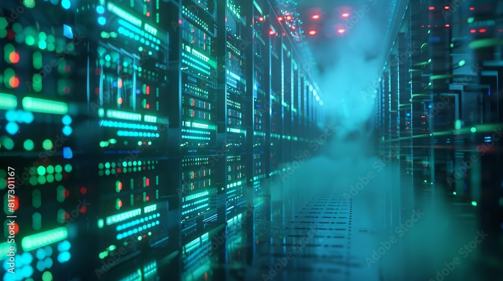High-tech cryptocurrency mining farm, rows of servers with blue and green LED lights, misty ambiance. High-tech cryptocurrency mining farm, rows of servers with blue and green LED lights, misty ambiance.