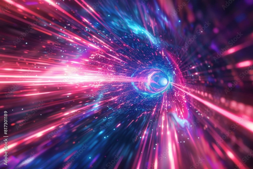 Naklejka premium Hyperspace travel visualized as a tunnel of flowing data, vibrant neon streaks, sci-fi theme.