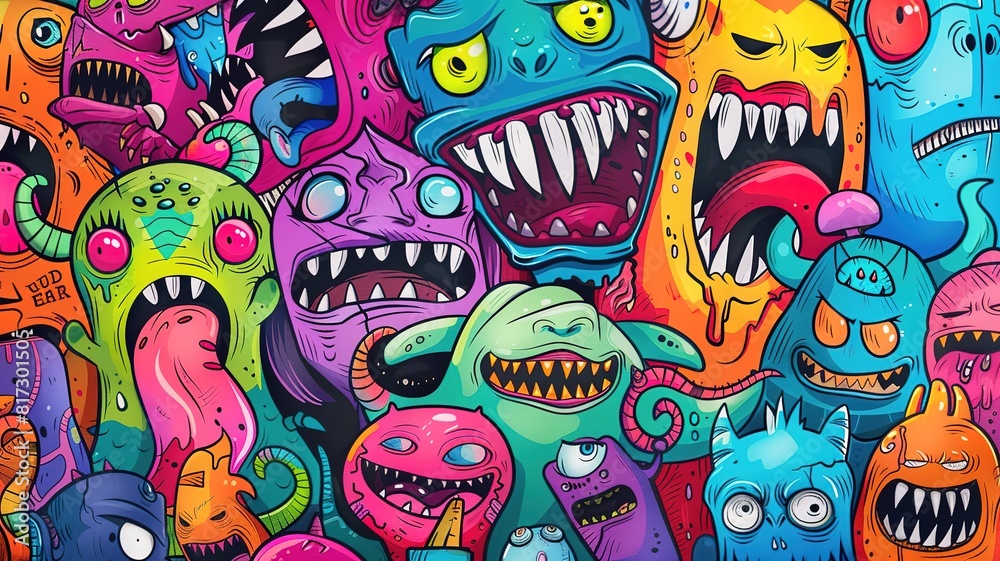 Obraz premium characters doodle cartoon monster art background