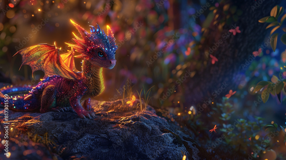 AI generated illustration of a dragon illuminated by colorful lights in ...