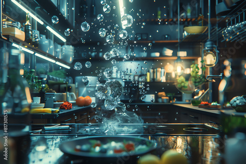 Imagine a 3D rendered kitchen where digital utensils swirl with aromatic molecules, seen from a dramatic high angle, enhancing the culinary experience