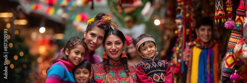 A group of family members wearing vibrant traditional clothing, posing with warm smiles