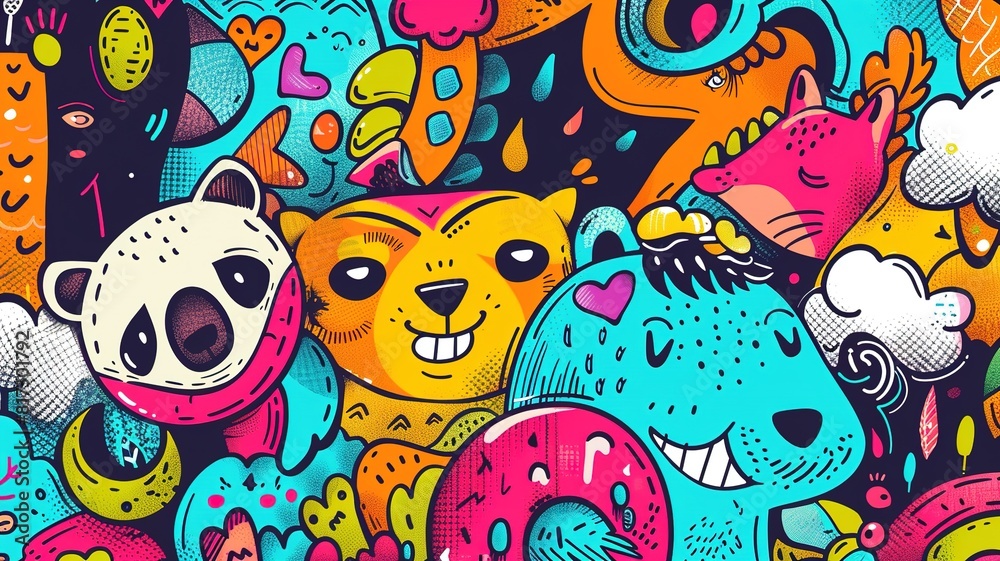 Colorful doodle cartoon cute animal