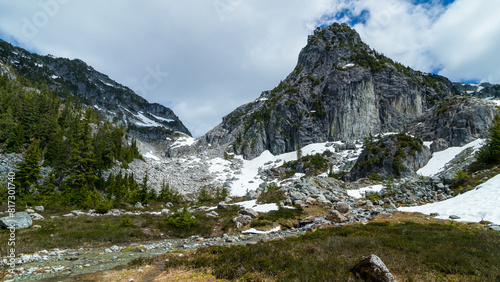 Mountain on cloudy day with snow