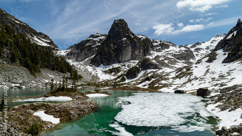 Mountain lake with ice and glacier