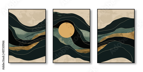 Abstract art watercolor painting, stylish modern wall art, triptych, flowers, texture, gold