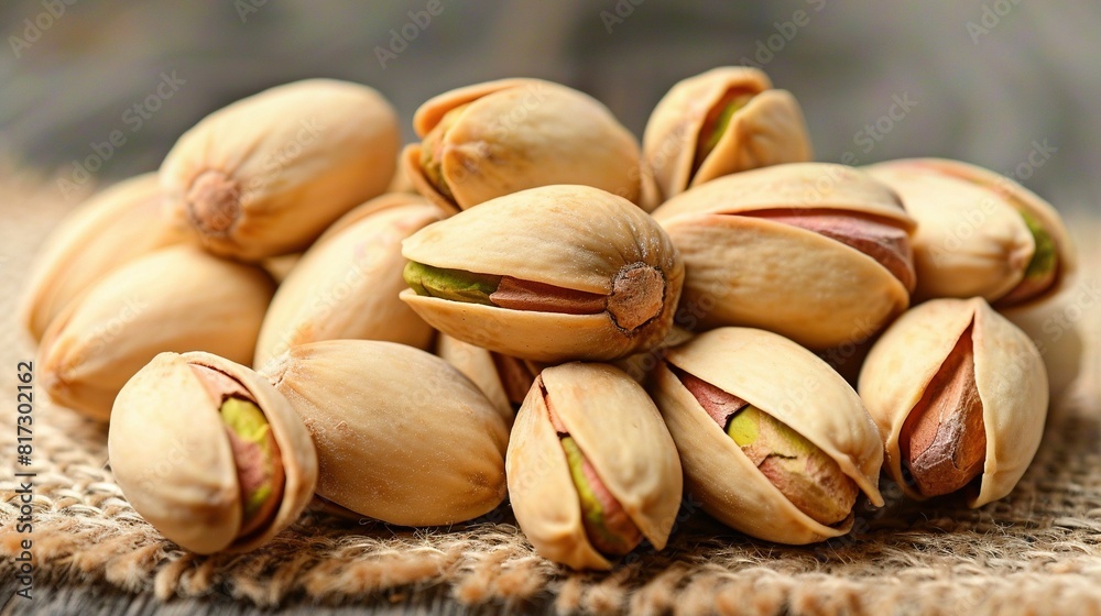   A pile of pistachio nuts atop a burlap of burlock
