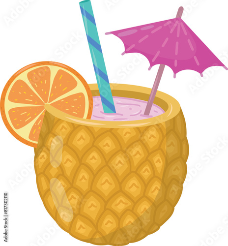 Pineapple alcoholic cocktail with straw, umbrella and orange. Vector illustration. Alcoholic drinks are available in the bar menu. Beach holidays, summer holidays, party, cafe bar, vacations.