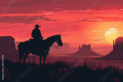 Cowboy riding horse in desert during sunset