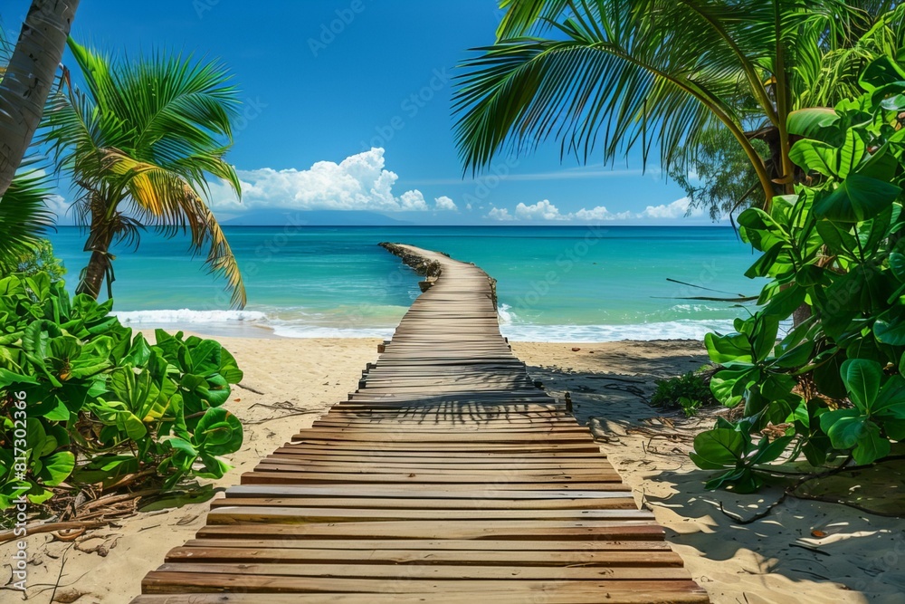 A wooden pathway leading to the shore