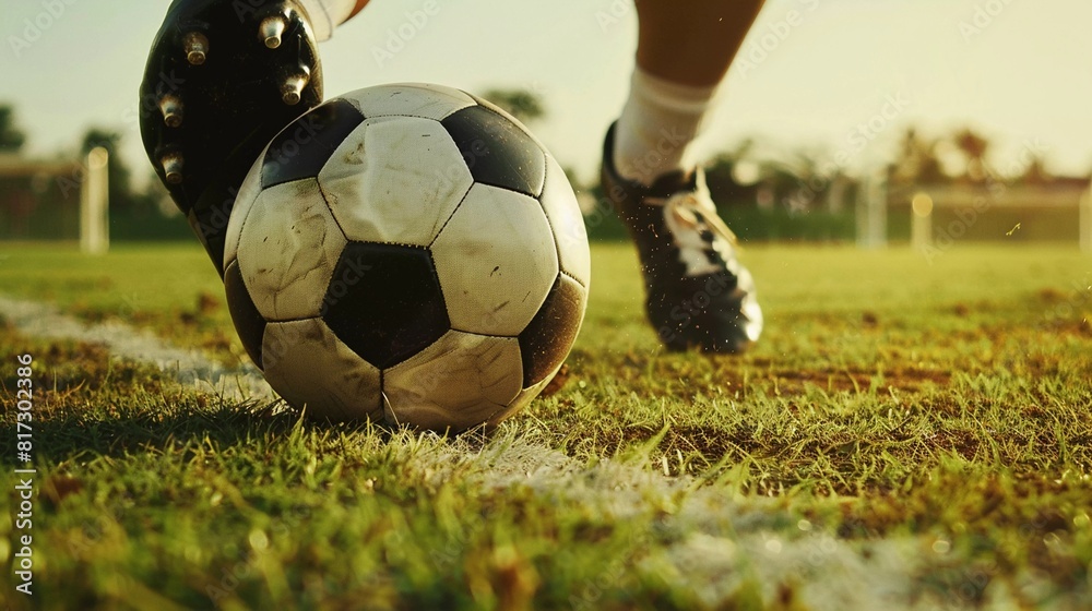 A close-up of a soccer being struck by a player's foot, emphasizing the skill and athleticism required in the sport