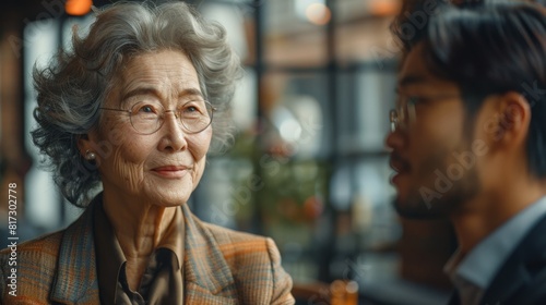 sophisticated, diverse business partners, elderly asian woman shares strategy with young hispanic businessman in stylish office with natural light, showcasing senior business expertise photo