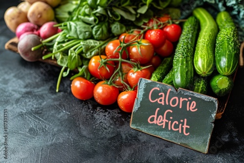 Fresh vegetables including tomatoes, cucumbers, and spinach next to a chalkboard with 'calorie deficit' written on it. Flat lay composition with copy space for design and print. photo