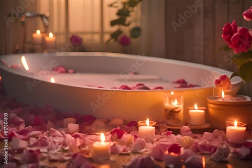 Romantic bathtub filled with water and rose petals, surrounded by lit candles.