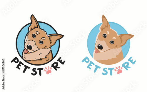 Pet store logo template. Two versions: with outline and without outline. Happy, cheerful dog. Bright vector illustration. Suitable for veterinary clinics and animal shelters.