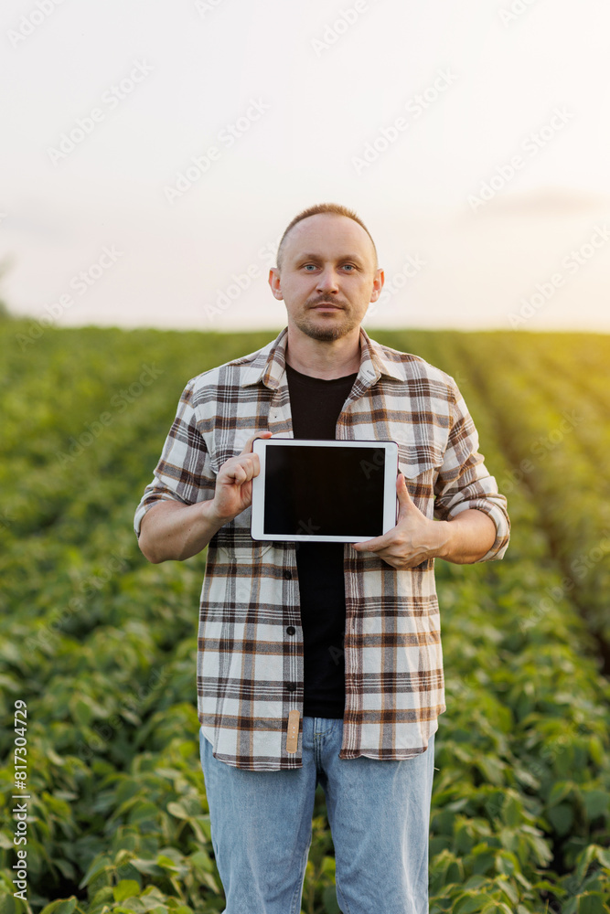 Fototapeta premium Male farmer shows digital tablet with empty black screen on green soybeans field. Smart farming technology and organic agriculture concept. Quality control growth and development soya plants