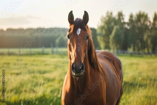 Chestnut brown horse standing in the green field on a sunny summer day
