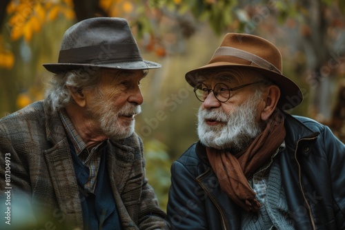 Two elderly men talking in a park during autumn. Outdoor portrait photography. Friendship and conversation concept.