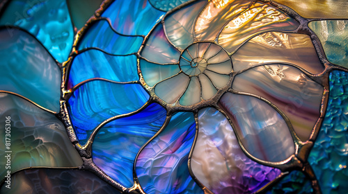 Stained glass surfaces in cool nautilus shell hues stained photo