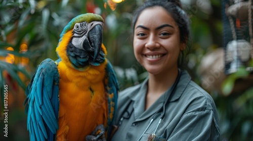 avian veterinary care, a hardworking pacific islander zoologist inspecting a macaw in a lush aviary, creating a peaceful and professional atmosphere for animal care photo