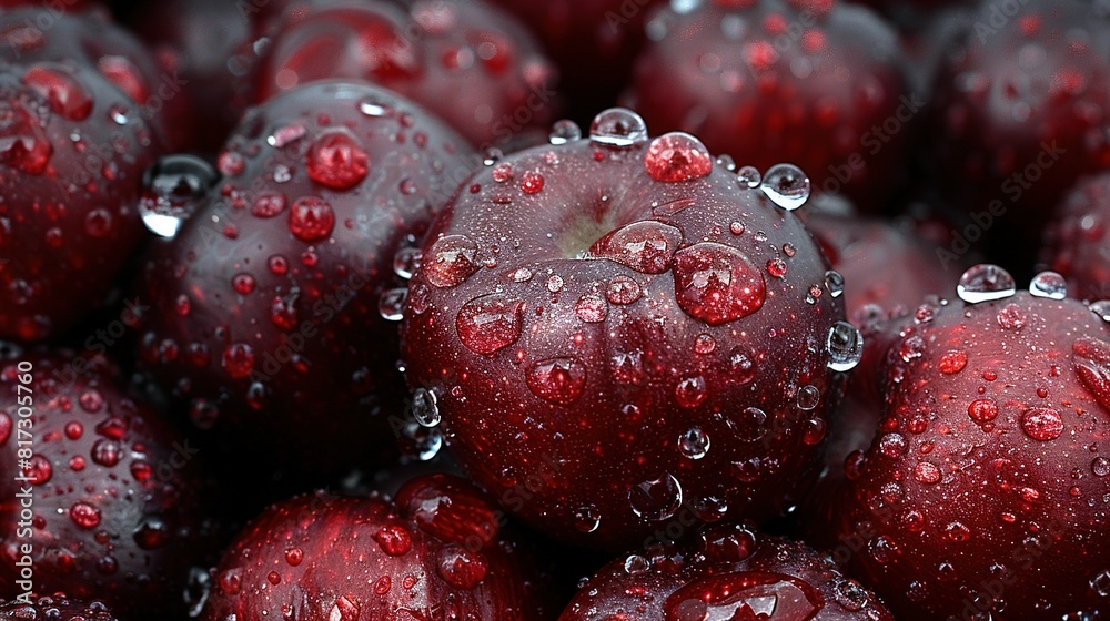   Close-up of red apples with water droplets on the apple and water droplets