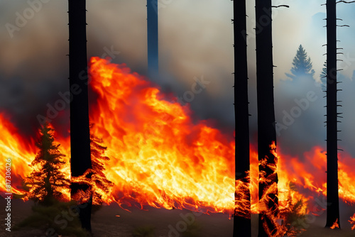 Forest fire. Wildfire. Fire that burns the entire forest with its hot fire flames. Problem that increases with the droughts of recent years. Fires that affect places such as Canada and the USA. Smoke.