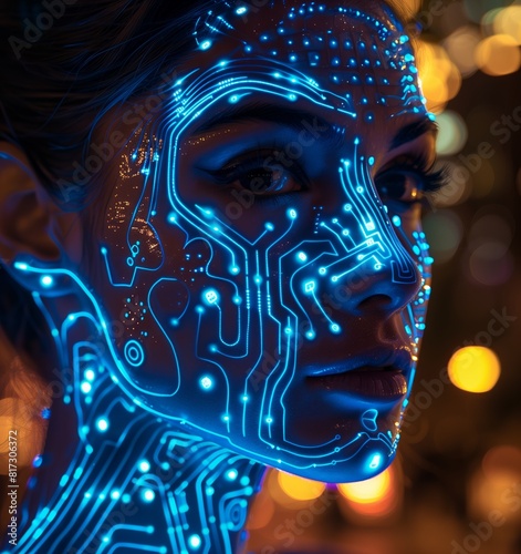 Futuristic Woman with Glowing Blue Circuitry on Face and Neck in Night Setting