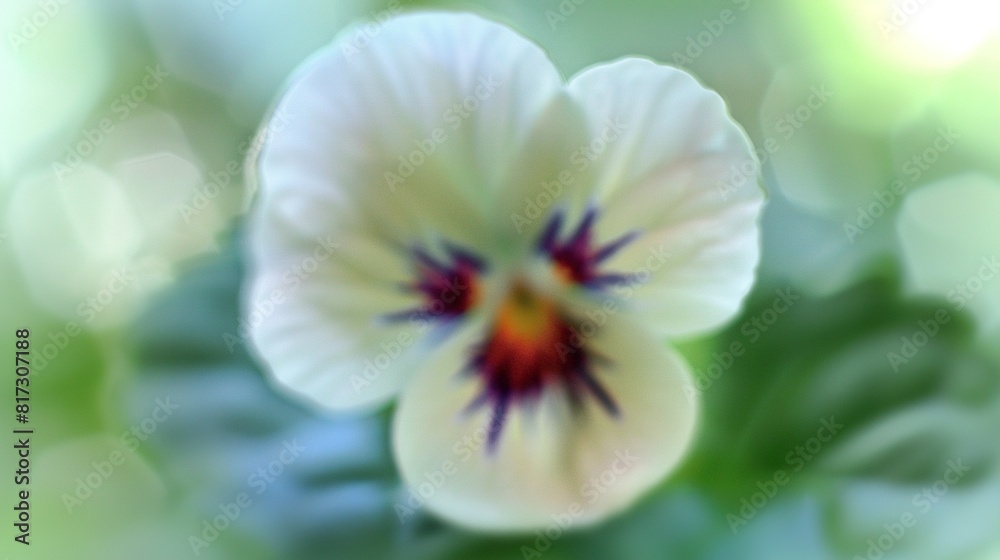 A white flower with a purple center and a green stem in focus A white flower with a purple center and a green stem in focus