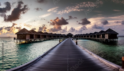 amazing beach panoramic landscape beautiful maldives sunset seascape view horizon colorful sea sky clouds over water villa pier pathway tranquil island lagoon vacation travel panorama background